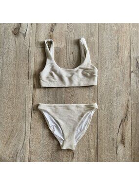 H & M Stripped Ribbed Ivory Metallic Gold Tank Bikini Set Size Medium NWOT